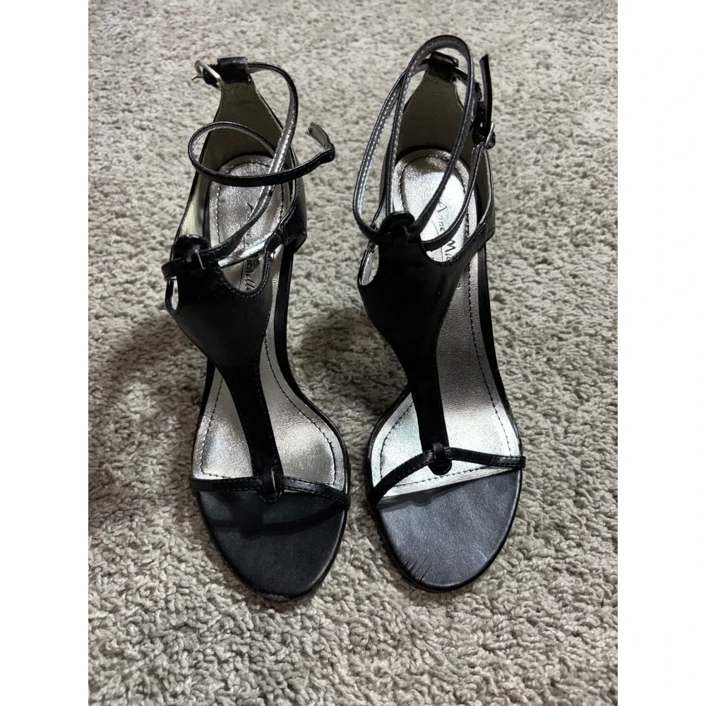 Anne Michelle Black T-Strap Wedge Sandals Clear Lucite Heel Strappy Dress Shoes